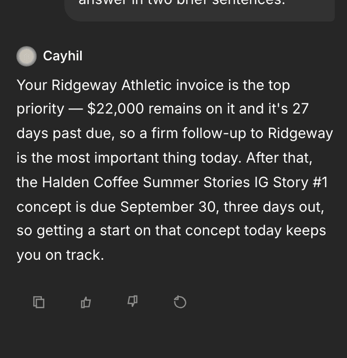 Real Cayhil answer prioritizing the Gymshark invoice
